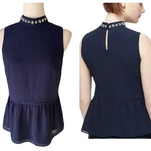 J. Crew Navy Blue Jeweled Rhinestone Peplum Tank Top - XS